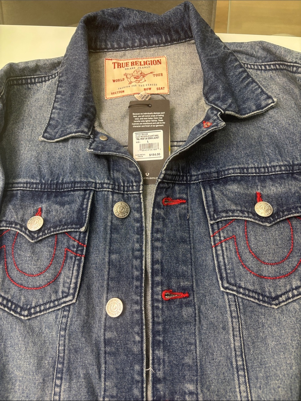 True Religion Denim Jacket in Medium Blue with Red Stitching large